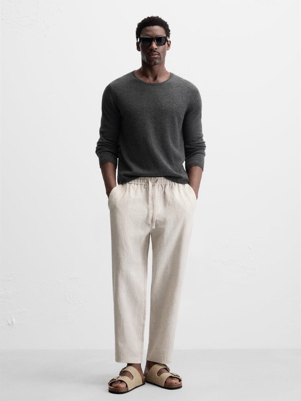 Zara Men’s Light Beige Linen-Blend Elastic Waist Trouser Joggers Large NWT